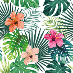 Wall Mural - Seamless exotic pattern with tropical palm, banana, monstera leaves and rose, beige and pink hibiscus flower on a white background green vector style. Hawaiian tropical natural floral wallpaper