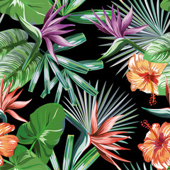 Wall Mural - Seamless vivid exotic pattern with tropical palm, banana leaves and bird of paradise, strelitzia, hibiscus flower on a black background green vector style. Hawaiian tropical natural floral wallpaper