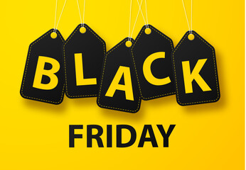 Wall Mural - Black friday sale banner design layout on a yellow background, stylized letters in black. Vector set of decorative labels.