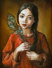 Cute Little Girl In A Red Dress Holds Peacock Feathers In Her Hands. The Background Is Brown With Olive Green Shades. Oil Painting On Canvas.