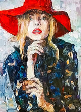 Attractive Young Woman With Red Lips And Red Hat On A Light Background. Palette Knife Technique Of Oil Painting And Brush.