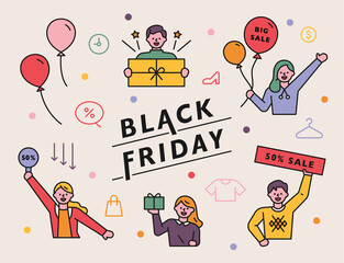 Wall Mural - black friday promotion poster. people are holding various items with a pleasant look. flat design st