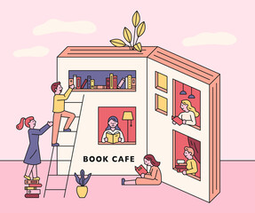 People reading books in book shaped book cafe windows. flat design style minimal vector illustration.