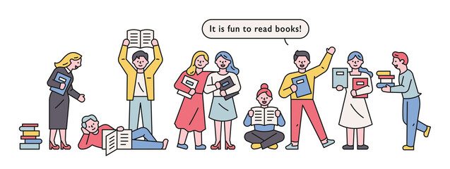 Wall Mural - people who read books are lined up. flat design style minimal vector illustration.