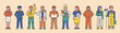 Cute characters in uniforms for each occupation stand. flat design style minimal vector illustration.
