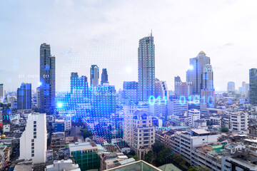  World planet Earth map hologram over panorama city view of Bangkok, Asia. The concept of international connections and business. Multi Exposure.