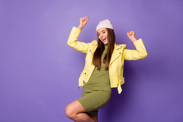 Wall Mural - Portrait of her she nice-looking attractive lovely pretty charming dreamy cheerful cheery girl dancing having fun isolated over bright vivid shine vibrant lilac purple violet color background