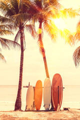 Wall Mural - surfboard and palm tree on beach background.