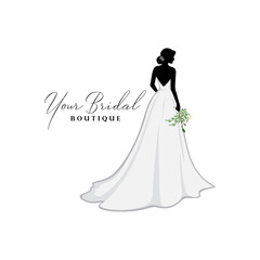 Beautiful Bride with Flower Bouquet, Bridal Boutique Logo, Bridal Brocade Gown Logo Vector Design Template