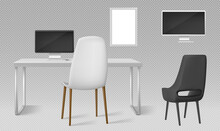 Desk, Monitor, Chairs And Blank Picture Frame Isolated On Transparent Background. Vector Realistic Set Of Modern Furniture, Table, Chair And Computer Screen For Workplace In Office Or Home