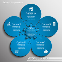 Fototapete - Blue flower puzzle presentation infographic template with five explanatory text field for business statistics