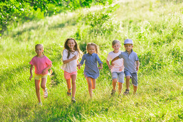 Wall Mural - Kids, children running on meadow in summer's sunlight. Look happy, cheerful with sincere bright emotions. Cute caucasian boys and girls. Concept of childhood, happiness, movement, family and summer.