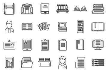 Poster - University library icons set. Outline set of university library vector icons for web design isolated on white background