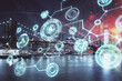 © peshkova - Multi exposure of social network theme drawing and cityscape background. Concept of people connecton.