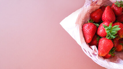 Bowl of red ripe strawberries. Copy space, banner.