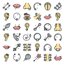 Piercing Icons Set. Outline Set Of Piercing Vector Icons Thin Line Color Flat On White