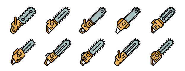 Poster - Chainsaw icons set. Outline set of chainsaw vector icons thin line color flat on white