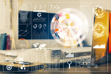 multi exposure of desktop computer and technology theme hologram. concept of software development.