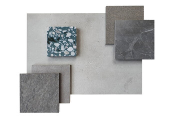 top view of interior material board contain concrete laminate ,stone tiles , grey marble tile and green terrazzo samples isolated on white background with clipping path.