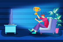 Man Sit On Sofa Watch Online Game Championship On Television Show Up Trophy And Feel Happy In The Blue Relax Room On The Night Time , Illustration Picture