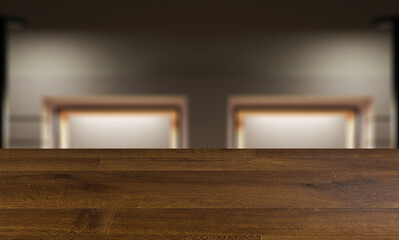 Wall Mural - blurred interior on a wooden table background.empty storefront. view from the evening street.. 3d re