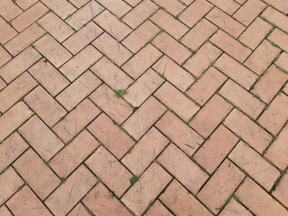 Herringbone red brick and few grass texture 2