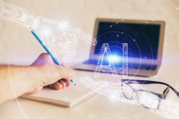 Fototapete - Writing man with technology icons. . Double exposure. Network and data concept.