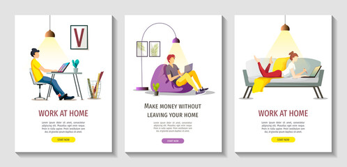 Set of flyers with people working or learning at home. Freelance, work at home, online job, home office, e-learning concept. A4 vector illustrations for poster, banner, cover, flyer.