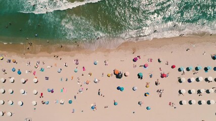 Wall Mural - Beach, sand, umbrellas, happy people and sea waves. Perfect summer vacation. Aerial top view. 