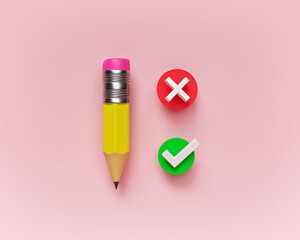 Fototapete - feedback, survey concept. pencil with tick and cross icon. minimal design. 3d rendering