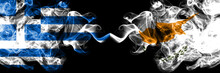 Greece Vs Cyprus, Cyprian Smoky Mystic Flags Placed Side By Side. Thick Colored Silky Abstract Smoke Flags.