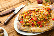 Flounder with vegetables on table