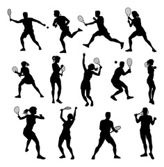 Wall Mural - A set of tennis player man and woman silhouette sports people design elements