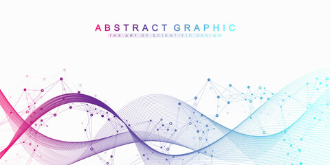 Geometric abstract background with connected lines and dots. Connectivity flow point. Molecule and communication background. Graphic connection background for your design. Vector illustration.