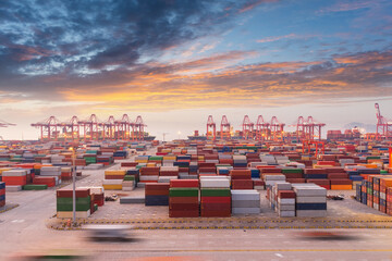 Poster - container port in sunset