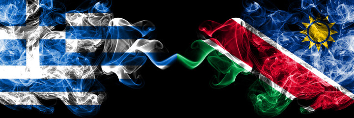 Greece vs Namibia, Namibian smoky mystic flags placed side by side. Thick colored silky abstract smoke flags.
