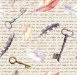 © zzorik - Feathers, keys pattern, paper texture with hand written text notes. Watercolour vintage seamlesss background