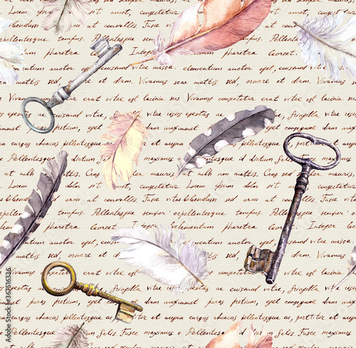 Fotografia Feathers, keys pattern, paper texture with hand written text notes