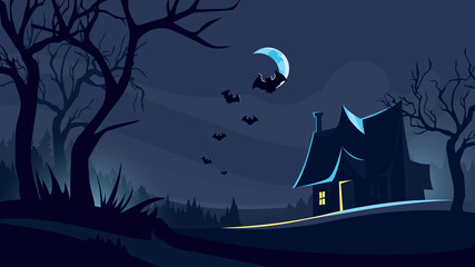 Wall Mural - Halloween background with house in dark forest. Scary night scene.