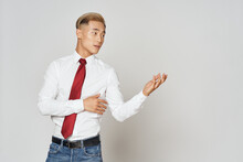 Free Space A Man In A White Shirt And Jeans Red Tie