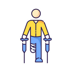 Wall Mural - Leg amputee RGB color icon. Disabled man with crutches. Rehabilitation for handicapped person. Patient with bandaged leg. Recovery from injury. Mobility difficulty. Isolated vector illustration