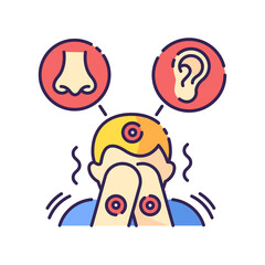 Sticker - Sensory sensitivity RGB color icon. Trigger for perception. Physical response to smell and noise. Irritated person with mental disorder. Ear and nose. Health care. Isolated vector illustration