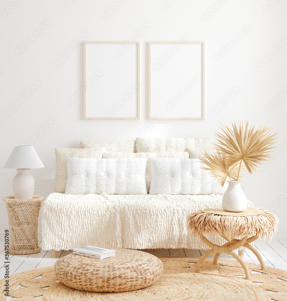 Mock up frame in home interior background, white room with natural wooden furniture, 3d render - obrazy, fototapety, plakaty 