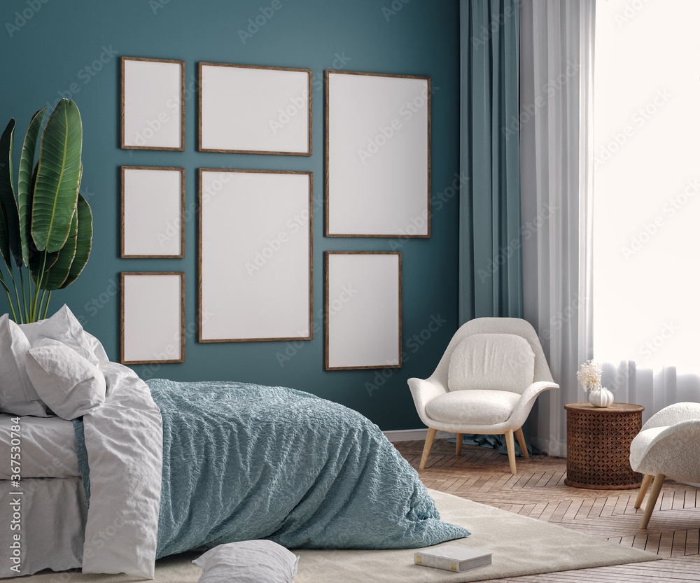 Mockup frame in dark blue bedroom interior background, 3d render - obrazy, fototapety, plakaty 