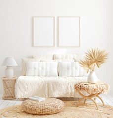 Mock up frame in home interior background, white room with natural wooden furniture, 3d render