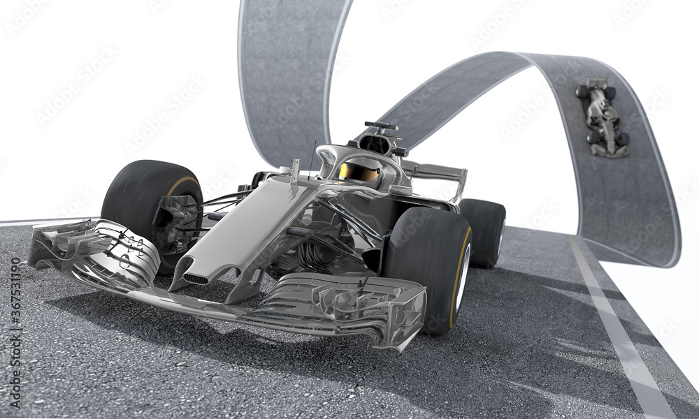 silver f1 racecar on a wired track 1 - obrazy, fototapety, plakaty 