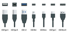 Flat Black Usb Types Port Plug In Cables Set With Realistic Connectors. Connector And Ports. USB Type A, Type B, Type C, Micro, Mini, MicroB And Type 3.0