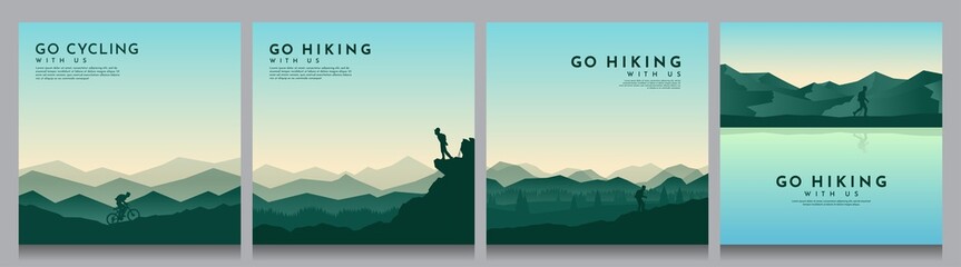 Vector landscape set. Travel concept of discovering, exploring, observing nature. The guy watches nature, riding at mountain bike, climbing to the top, going hike. Design for blog post, social media