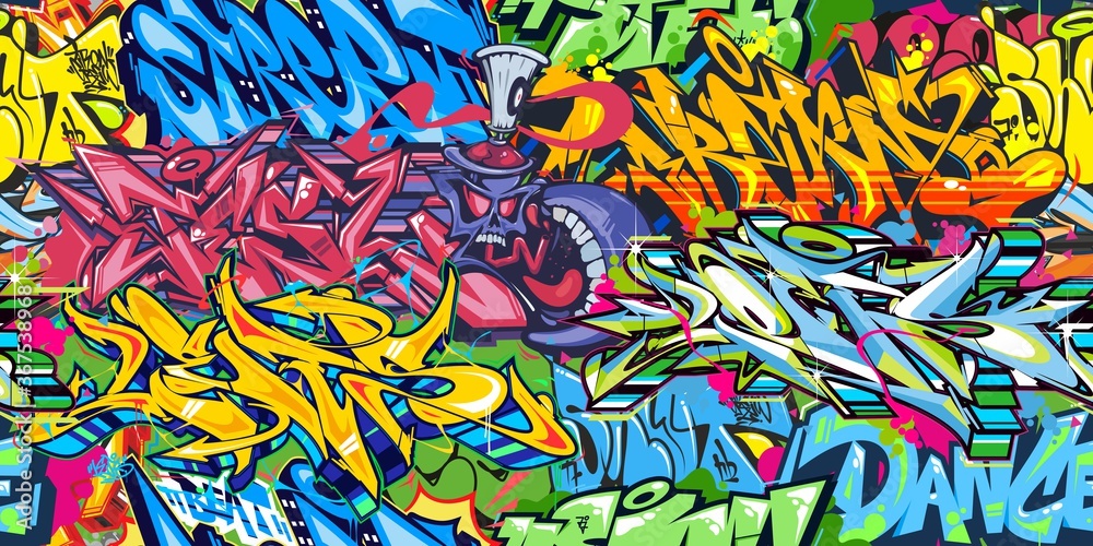 Abstract Colorful Graffiti Street Art Seamless Pattern. Vector Illustration Background Art - obrazy, fototapety, plakaty 