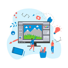 Poster - Flat vector graphic drawing concept with open illustration application with a creative project